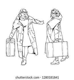 Realistic hand drawn sketch of beautiful travel girl in winter clothes with suitcase, vector line art illustration isolated on white background, beauty and fashion woman