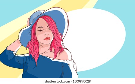 Realistic hand drawn sketch of beautiful woman with hat, hor summer day, vestor illustration