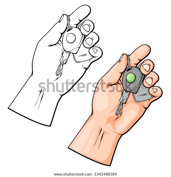 Realistic\
hand drawn sketch of hand with car keys, vector illustration\
isolated on white background, line art\
design