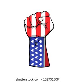 Realistic hand drawn sketch of hand fist, hand with american flag, vector illustration