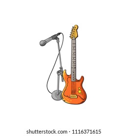 Realistic hand drawn sketch of music instruments, vector illustration isolated on white background, guitar and microphone