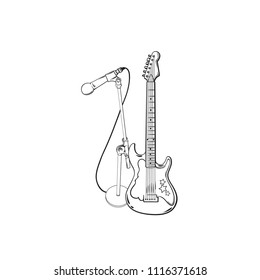 Realistic hand drawn sketch of music instruments, vector illustration isolated on white background, guitar and microphone