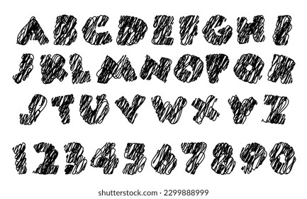 Realistic hand embroidery in alphabetic lettering for decoration and covering. Isolated letters in stitch and fabric design. Dashed font, hand-shaded letters in black threads on a white background