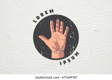 Realistic hand gesture is a stop or ban. Prohibition sign. Label with hand and text. Typographic labels, stickers, logos and badges. Flat vector illustration