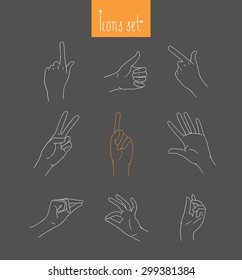 realistic hand gestures - icons in thin line style with hand made hipster lettering - elements for web design, user interface, applications