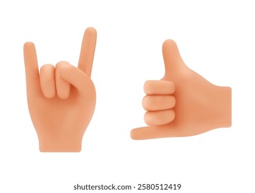 Realistic hand gestures, isolated icons with sings expressing rock and roll and call me. Vector arms forming expressive symbol, non verbal communication and language. Human wrist and fingers