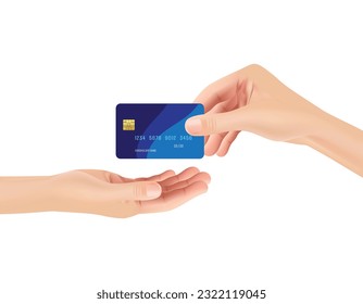 Realistic hand giving a credit card to other hand. Illustration about quickly payment.