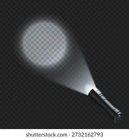 Realistic hand held flashlight isolated on a dark background shines onto a wall, directing a spotlight beam forward. Vector 3D illustration.