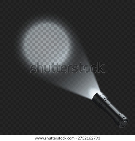 Realistic hand held flashlight isolated on a dark background shines onto a wall, directing a spotlight beam forward. Vector 3D illustration.