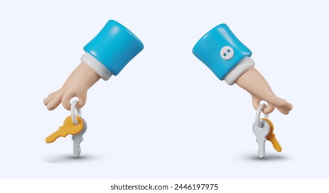 Mano realista sosteniendo un montón de llaves. composición del Vector, vista desde diferentes lados