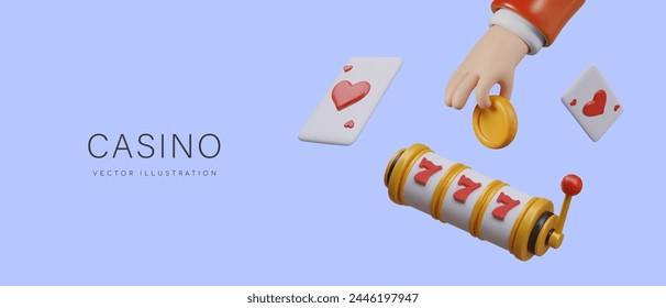 Realistic hand holding coin, slot machine, playing cards floating around