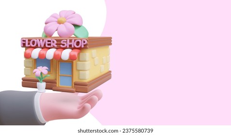 Realistic hand holding flower shop building. Help in running business. Services of professional. Organization of local trade. Color vector horizontal template