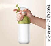 Realistic hand holding grass green trigger spray bottle, isolated on light yellow background, 3d illustration