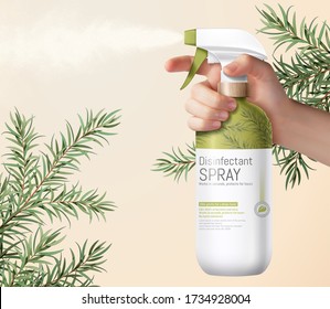 Realistic hand holding grass green trigger spray bottle, decorated with ethereal tea tree leaves on background, 3d illustration