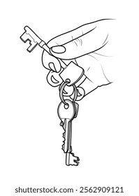 Realistic hand holding keys. Inked strokes hand drawn black lines sketch style vector illustration.