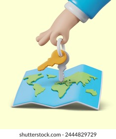 Realistic hand holding keys over world map. Access from anywhere in world