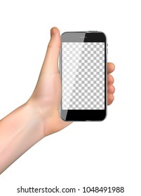 Realistic Hand holding mobile phone isolated on white background. Vector Illustration. EPS10
