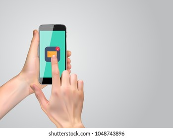 Realistic Hand holding mobile phone with email icon. Vector Illustration EPS10