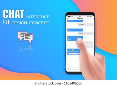 Realistic Hand holding mobile phone isolated on creative background. Social network concept of Chatting and messaging. SMS messages sending window. Vector Illustration. EPS10