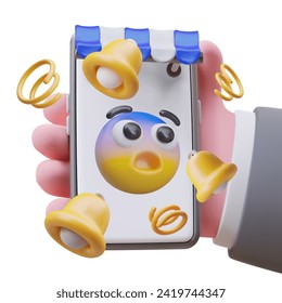 Realistic hand holding modern gadget with emoticon. Smartphone with emoji in blue and yellow color