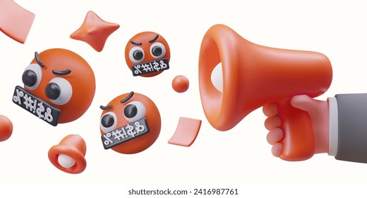 Realistic hand holding red megaphone, red emoticon in different positions with angry sad reaction flying near. Vector illustration in 3d style on white background