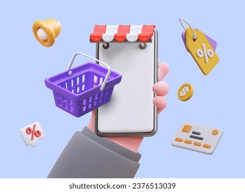 Realistic hand holding smartphone with blank screen, mockup. 3D shopping cart, bell, discount tag, credit card. Announcements about seasonal discounts, promotions, sales. Advertising online store app