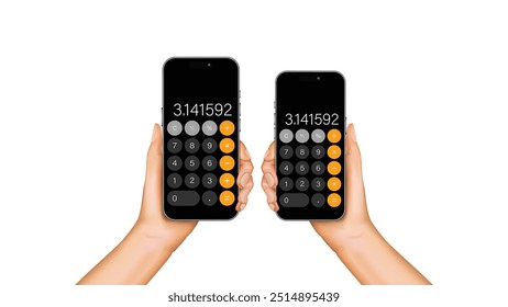 Mão realista segurando Smartphone com calculadora App no fundo branco. Vetor.