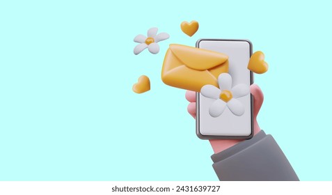 Realistic hand holding smartphone with envelope, flowers, hearts