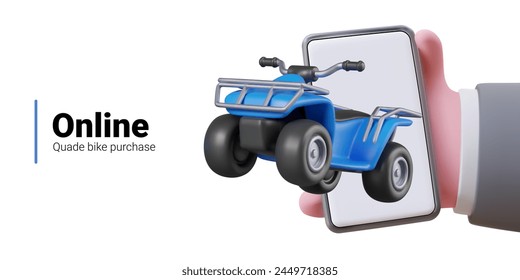 Realistic hand holding smartphone with quad bike on screen