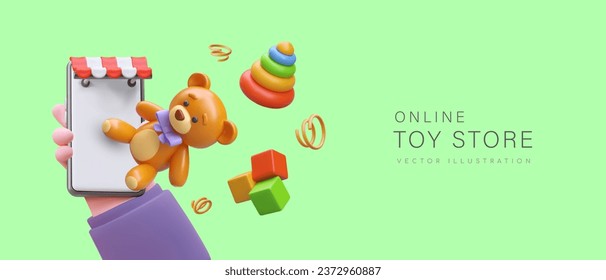 Realistic hand holding smartphone and selecting products in online toy store. 3d teddy bear, educational cubes and pyramid. Online toy store concept. Vector illustration