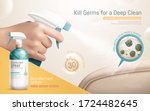 Realistic hand holding trigger spray bottle to disinfect couch armrest, disinfectant spray ad template, 3d illustration