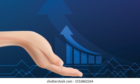realistic hand holding upward blue chart arrow Growing sales concept. Double exposure. Vector Illustration