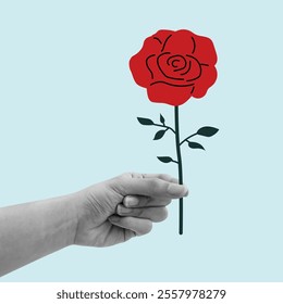 Realistic hand holding vector red rose isolated, symbolic flower of romance and love. Pop art vector illustration