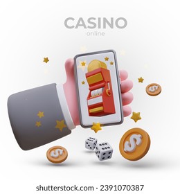 Realistic hand holds smartphone with slot machine on screen, flying gold coins, and game cubes. Vector illustration in 3D style with place for text and white background