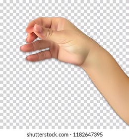Realistic hand of man holds presumed glass of alcoholic beverage on transparent background. Vector Illustration. EPS10