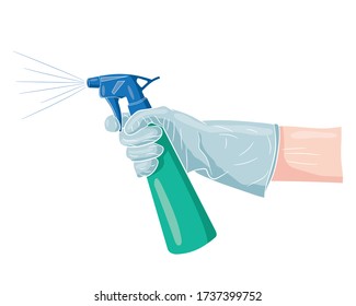 Realistic Hand in medical glove with antibacterial disinfectant spray. A disinfectant for the prevention of colds, viruses, and the flu. Alcohol spray to prevent the spread of coronavirus. 