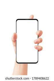 Realistic hand and phone. Woman holds smartphone, female uses smartphone, online communication smart technology, advertising on device screen 3d vector isolated mockup