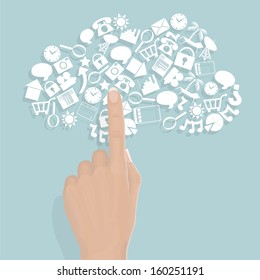 Realistic Hand Pointing at Cloud Computing Icons - All shading on hand done with solid colors 