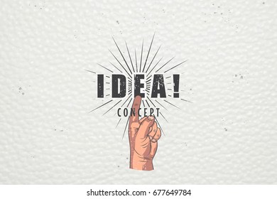 Realistic hand pointing Idea concept label. Gesture of the hand idea. Typographic labels, stickers, logos and badges. Flat vector illustration