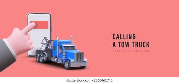 Realistic hand points to mobile phone. Calling tow truck concept. Web page for evacuate vehicle service with place for text and red background. Vector illustration
