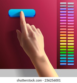 Realistic hand presses the blue button, 3d, vector. Set of colorful buttons. 