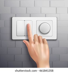 Realistic hand pressing switch with forefinger on grey brick wall vector illustration