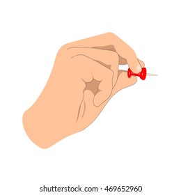 Realistic hand with red push-pin. Vector illustration,