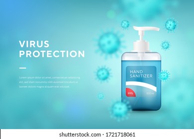 Realistic hand sanitizer 3d realistic container, hand wash gel with pump and virus background. Details liquid cosmetics tube with soap concept marketing for banner and website, landing page template.