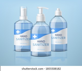 Realistic hand sanitizer bottles. 3d antibacterial cleanser different containers, alcohol disinfectant, hygienic dispenser mockup, covid-19 and flu virus protection poster vector promotional banner