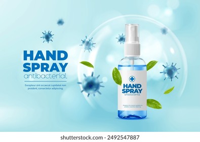 Realistic hand sanitizer spray bottle with bacteria, germs and viruses flying around, vector hygiene product. 3d container of hand sanitizer, antiseptic or disinfectant with blue liquid and leaves