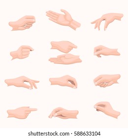 Realistic hand set with fingers positions on white. Vector poster in flat design of open and closed palms, clenched and straight fingers. Hands that indicate, point or are going to take something