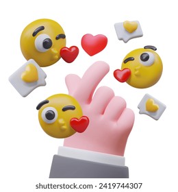 Realistic hand showing heart sing. Flying yellow emoticons with kisses reactions and messages
