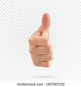Realistic Hand Showing Thumb Up Gesture Isolated on Transparent Background. Like Symbol in Social Media, Good Emotion Gesturing, Ok Sign, . Human Body Design Element, 3D Vector Illustration