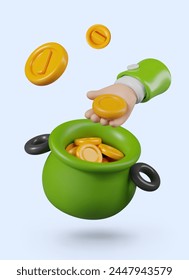 Realistic hand takes out gold coin from green leprechaun pot
